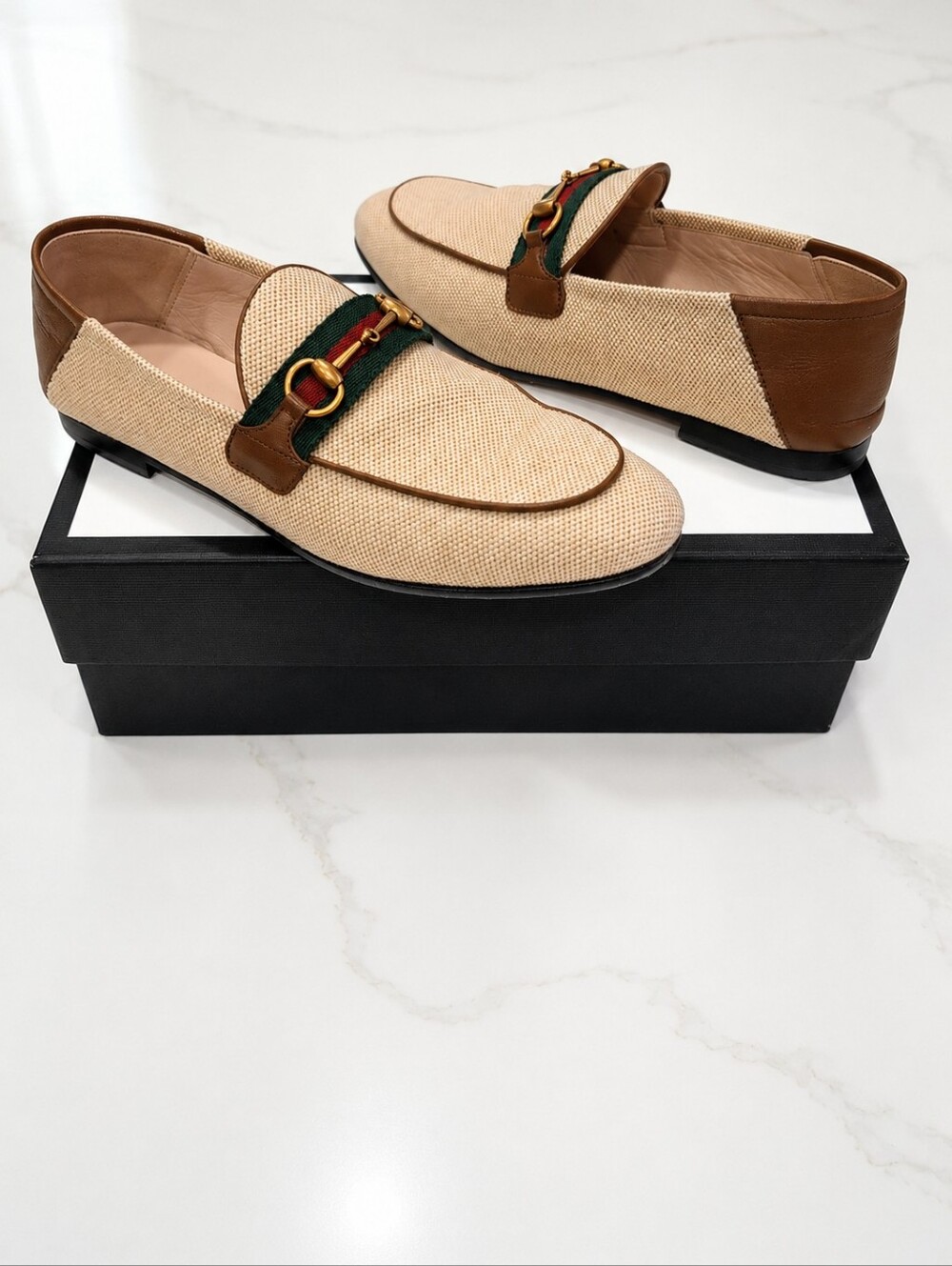 Gucci Beige and Brown Canvas Leather Loafers with Green-Red Webbing